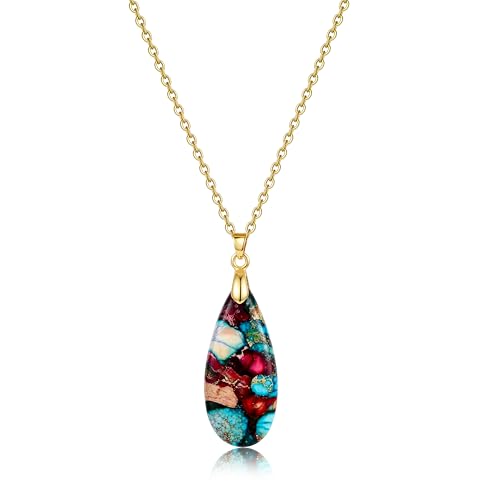 Joya Love 14K Gold Plated Healing Stone Teardrop Pendant Necklace for Women, Waterproof Stainless Steel Chain, Colorful Natural Stone Look, Boho Spiritual Jewelry Gift - color: Colorful -Gold-02