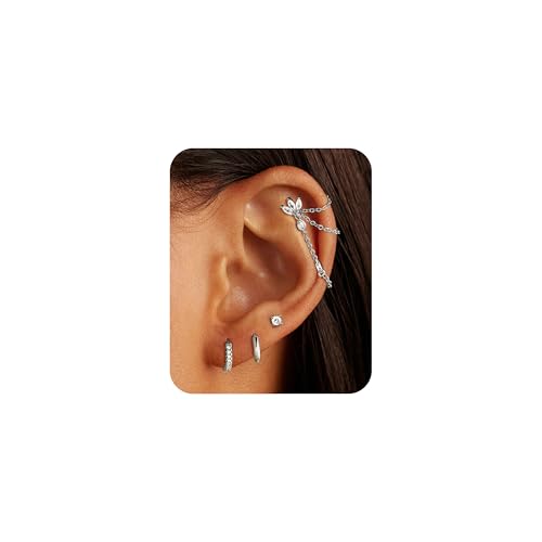 7Pcs Earring Stacks Cartilage Helix Flat Back Hoop Set For Women Stud Small Huggie Chain Multiple Piercing 14K Gold Plated Jewelry Triple Cubic Zirconia - color: Silver, size: Butterfly