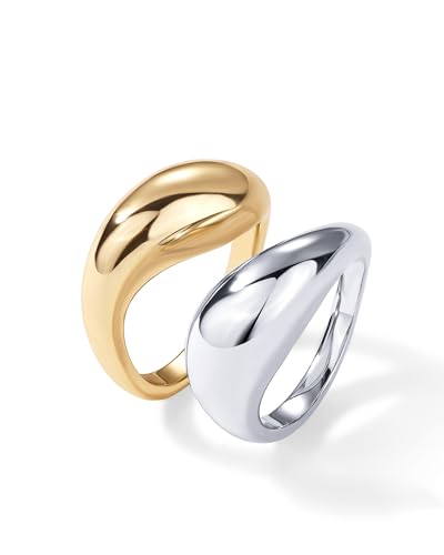 PAVOI 14K Gold Plated Mixed Metal Chunky Two Tone Wavy Dome Rings Pack for Women | Statement Ring Set