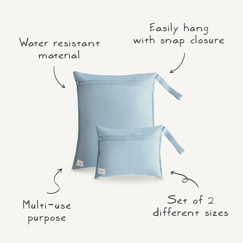 mushie Water Resistant Wet Bags | Large & Small Reusable Storage Bag for Baby Items and Travel | Zippered Pockets with Handle | Machine Washable, Set of 2 (Blue Flowers) - color: Blue Flowers