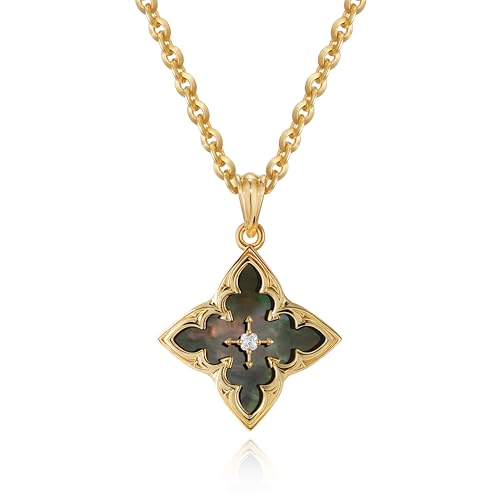 Fettero Gold Clover Necklace for Women Dainty 14K Gold Plated CZ Pendant Necklace Adjustable Chain Choker Charm Colorful Clover Pendant Lucky Necklaces for Women Jewelry - color: Black - mother of pearl