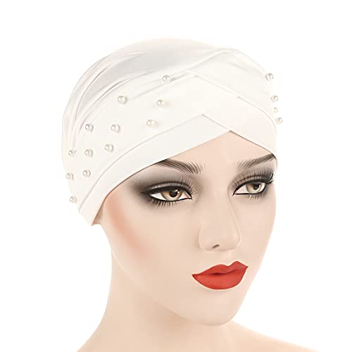 Women Beaded Silky Beanie, Pre-Tied Turban Head Wrap Cap for Chemo Chemical Cancer Hair Loss Cover Hat - color: White