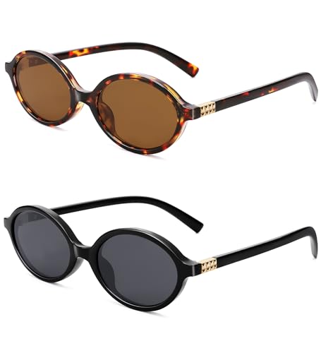 NULOOQ Retro Oval Sunglasses for Women 90s Trendy Vintage Small Round Sunnies Shades - color: A1* (Tortoise/Brown + Black/Gray) - 2 Pack