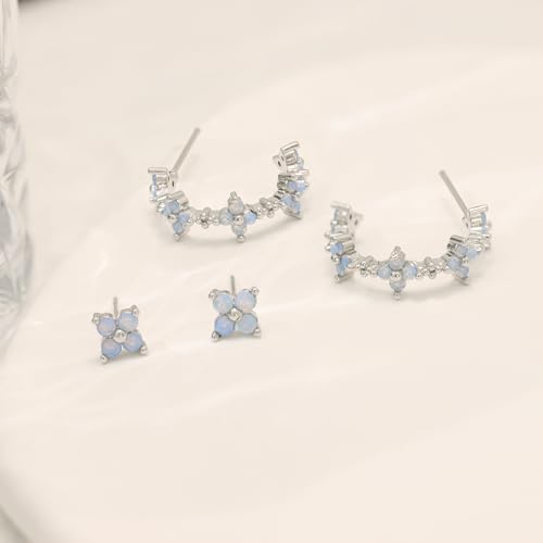 6 Pcs/6 Pairs Hypoallergenic 925 Sterling Silver Stud Post 14K Gold Earrings for Women Moon Star Hoop Stackable Cubic Zirconia Chain Dangle Earring Set Stacks for Multiple Piercings - color: Silver Flower Planet