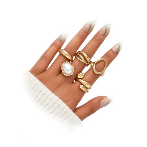 YEEZII 20 Pcs Gold Ring Set for Women, Chunky Statement Flower Finger Midi Rings, Big Boho Stacking Rings Pack Trendy Stuff Jewelry Gift - color: Gold-B-5Pcs