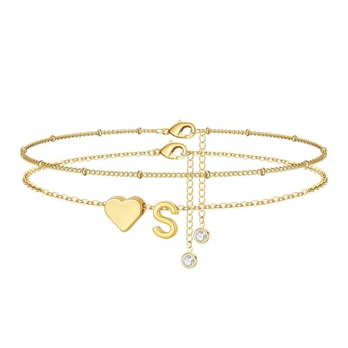 M MOOHAM Gold Initial Ankle Bracelets for Women - Layered Heart Letter A-Z Initial Dainty Gold Anklets for Women Waterproof, Womens Anklets Jewelry Birthday Gifts Jewelry - color: S