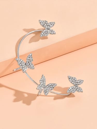 2Pcs Rhinestone Butterfly Earrings Ear Cuffs Non-Pierced Fake Earrings Butterfly Climber Wrap Around Earring Dainty Adjustable Ear Clip Jewelry for Women - color: Style5-silver