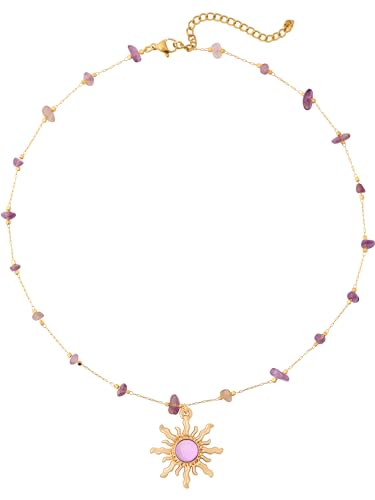 Sacina Sun Choker Necklace, Natural Crystal Necklace, Boho Hippie Jewelry, Christmas Jewelry Gift For Women - color: purple