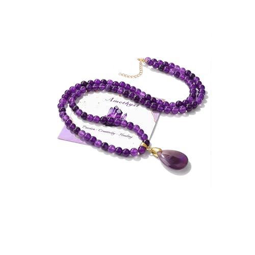 Healing Crystal Necklaces for Women Trendy Natural Stone Beaded Long Pendant Necklaces for Womens Handmade Bohemian Fashion Necklace Jewelry Gift - color: Amethyst