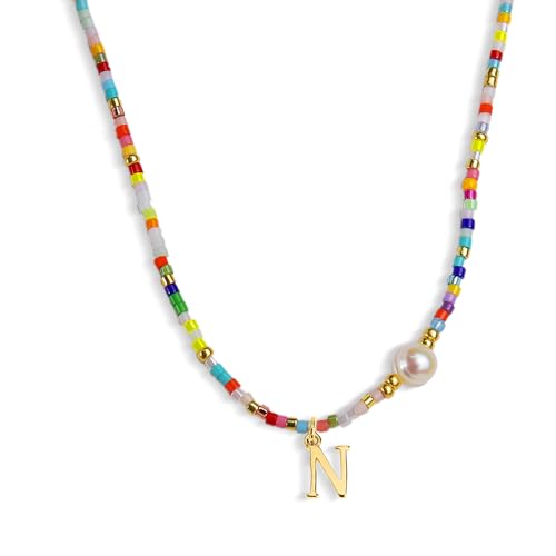 Colorful Pearl Beaded Initial Choker Necklaces for Women, Boho Handmade Personalized Seed Beads Letter Name Necklace Beach Surfer Bohemian Jewelry Gift - color: N