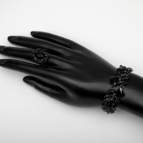 CSY 4 Pcs/Set Austrian Crystal Necklace Earrings Bracelet Ring Bridal Jewelry Sets for Brides Wedding Party Costume Accessories Gifts for Women - color: 02-black