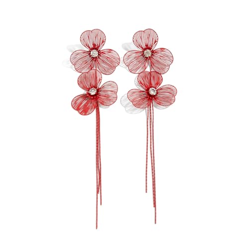 Boho Gold Flower Drop Dangle Earrings for Women Rhinestone Floral Leaf Chandelier Earring Layered Long Tassel Statement Floral Earring Prom Brides Wedding Party Fashion Jewelry Accessary - color: Red