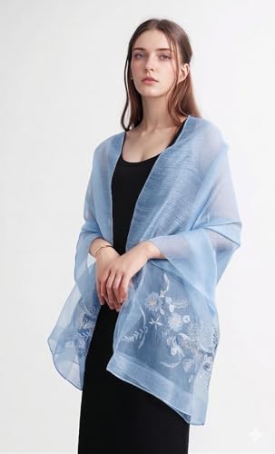 Jeelow Silk Blend Floral Fashion Scarf Shawl Wrap Lightweight Sheer For Women Floral Embroidery Wedding Party Prom - color: Blue Floral