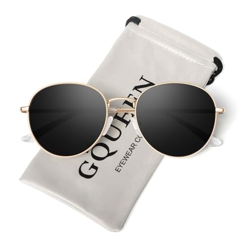 GQUEEN Retro Round Polarized Sunglasses Womens Men Spring Hinge Metal Frame Trendy Hippie Oval Sun Glasses Shades UV400 - color: 1 Gold Frame/Black Lens