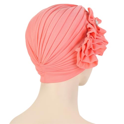 Flower Turban Hats for Women - Ruffle Bead Stretch Solid Caps Chemo Cancer Pre Tied Headscarf Headwear - color: Watermelon Red