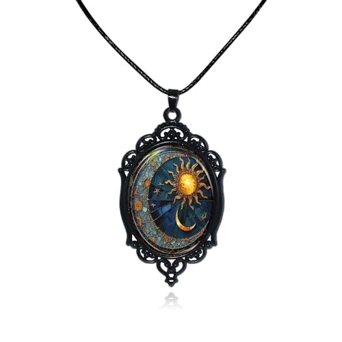 Halloween Gothic Witch Necklaces Cross Glass Pendant Necklace for Women Punk Vintage Black Dark Oval Cameo Necklace Witch Emo Necklaces Halloween Jewelry Witch Accessories 2025 - style: Sun and Moon