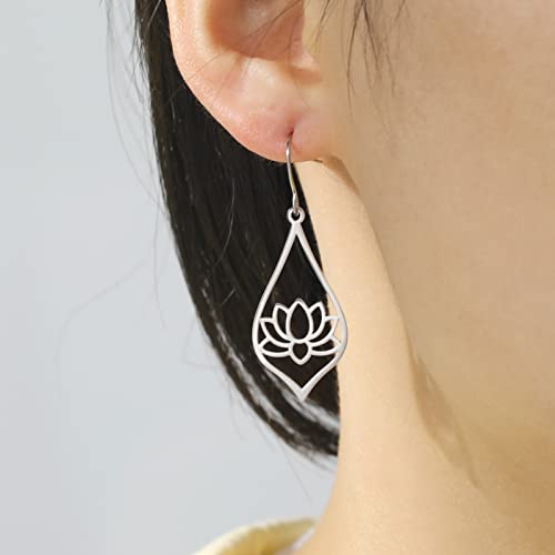 TEAMER Stainless Steel Lotus Flower Dangle Earrings Bohemian Drop Earring Unique Geometric Jewelry for Women - color: Lotus 3-Steel Color