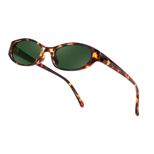 FEISEDY Retro Oval Womens Sunglasses, Trendy Cat Eye Skinny Chic Narrow Y2K 90s Small Sunnies B9177 - color: Leopard Frame - Dark Green