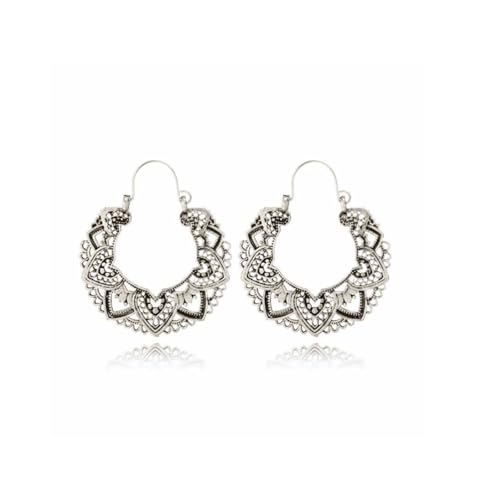 Boho Antique Carved Flower Dangle Drop Earrings for Women Vintage Retro Handmade Hollowed Antiqued Bronze Floral Shaped Geometric Gold Silver Plated Hoop Earrings for Ethnic Style Jewelry Gifts - color: Big silver flower
