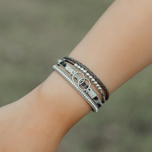 FANCY SHINY Boho Leather Wrap Bracelet Stackable Infinity Chunky Cuff Bracelets Western Hippie Outfits Jewelry Valentine Gifts for Women - color: Grey Leopard