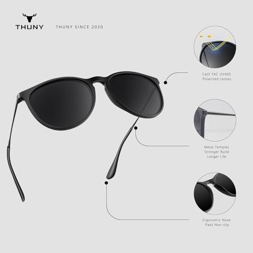 THUNY Retro Round Polarized Sunglasses Men Women with UV 400 Protection,Trendy Lightweight Sun Glasses for Driving Fishing