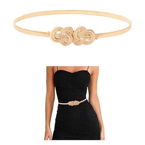 E-Clover Womens Fashion Metal Stretch Waist Skinny Belt Waistband - color: Gold Knot-01