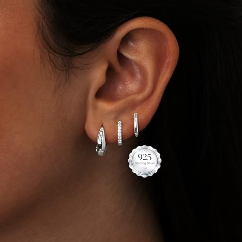 Poxtex Small Sterling Silver Huggie Hoop Earrings Set for Women, Hypoallergenic 14K Gold Plated Hoops Stacks for Multiple Piercings, Dainty Cute Mini Lightweight Cartilage Studs Trendy Jewelry Gift - color: Silver-moon hoop