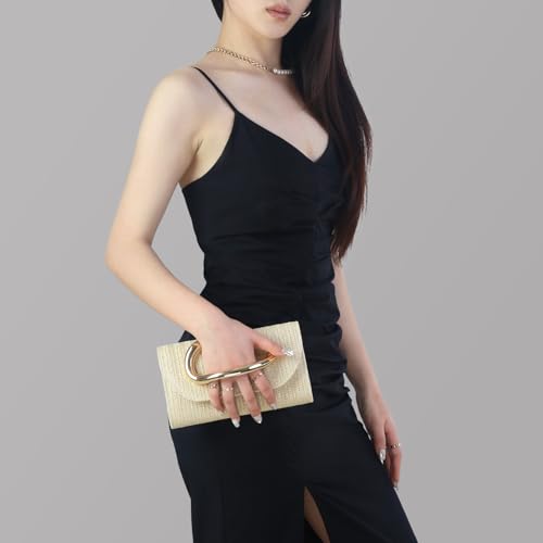 Straw Clutch Purses for Women,Summer Beach Bag,Woven Evening Handbags with Chain,Trendy Metal Handle Purses 2026 - color: Khaki