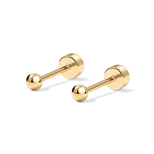PAVOI 14K Gold Plated Solid 925 Sterling Silver Posts Dainty Ball Stud Flatback Earrings for Women - Cartilage Helix Piercing Jewelry - Small Screwbacks Stud Earrings for Women - color: Yellow Gold