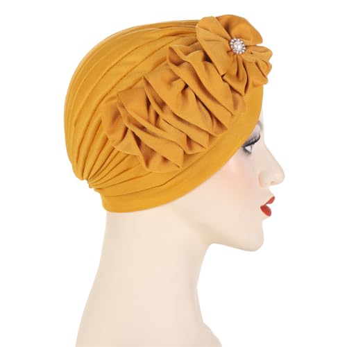 Flower Turban Hats for Women - Ruffle Bead Stretch Solid Caps Chemo Cancer Pre Tied Headscarf Headwear - color: Yellow