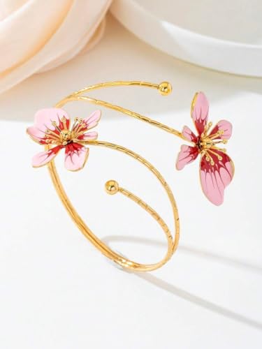Flower Arm Cuff for Women Floral Upper Arm Bracelet Pink Flower Jewelry Gold Tone Adjustable Upper Arm Cuff Jewelry for Party and Daily Wear