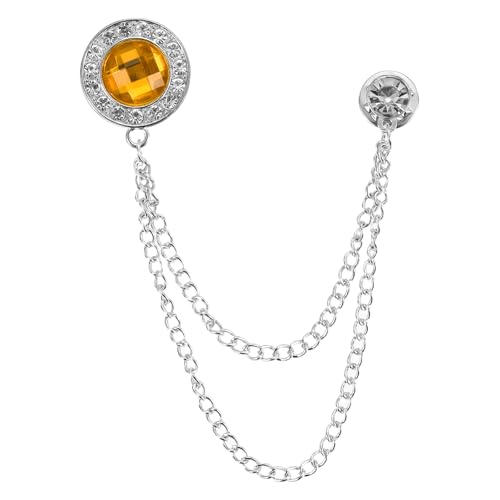 PATIKIL Gem Chain Brooch Pins, Hanging Chain Brooch Suit Pin Tassel Chain Round Crystal Badge Lapel Collar Pins for Men Shirts - color: Silver Tone(Yellow)