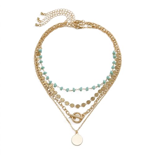 Layered Boho Necklace for Women Turquoise Stackable Sequin Coin Pendant Necklace Charm Toggle Clasp Beaded Chain Beach Prom Dresses Accessories - color: Gold-Round