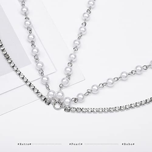 Boho Pearl Head Chain Jewelry Crystal Headpieces Wedding Rhinestone Headband Hair Accessories for Women (Silver) - color: Silver