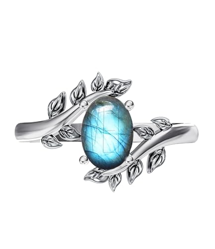 Genuine Turquoise Ring for Women Western Oval Gemstone Jewelry 925 Sterling Silver Leaf Bohemian Boho for Her Wife Mom - color: Labradorite
