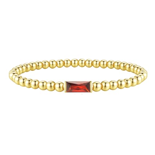 FUNEIA Birthstone Gold Beaded Bracelets for Women Non Tarnish Trendy Dainty 14K Gold Plated Cute Stackable Bead Stretch Friendship Bracelet Stack for Best Friend Couples Birthday Gifts Jewelry - color: 01. January(Garnet Bracelet), size: 6.5 Inches