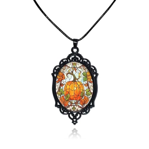 Halloween Gothic Witch Necklaces Cross Glass Pendant Necklace for Women Punk Vintage Black Dark Oval Cameo Necklace Witch Emo Necklaces Halloween Jewelry Witch Accessories 2025 - style: Pumpkin