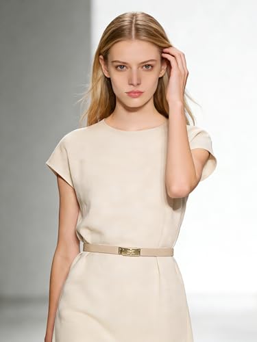 BEMYLV Skinny Belts for Women Dresses Turn-Lock Gold Buckle Adjustable Fashion Waist Belt for Pants Jeans Business Casual - color: Brown+light Khaki