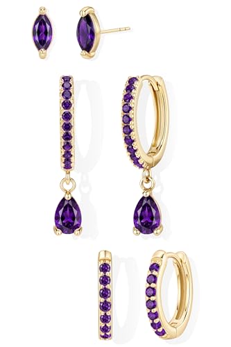14K Gold Plated Small Huggie Hoop Earrings Set for Women, Hypoallergenic Dainty Sterling Silver Dangle Studs for Cartilage Helix, Lightweight Trendy Cute Stack Birthstone Jewelry Gift - color: 02_Amethyst_Feb_Gold