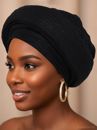 Woeoe African Head Wraps for Black Women Gold Pre Tied Headdress Wedding Turban Hats - color: Black