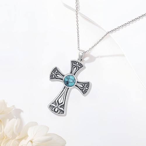 Cross Necklace 925 Sterling Silver Turquoise Christian Pendant Religious Cross Jewelry Christmas Gifts for Women Men - style: Retro