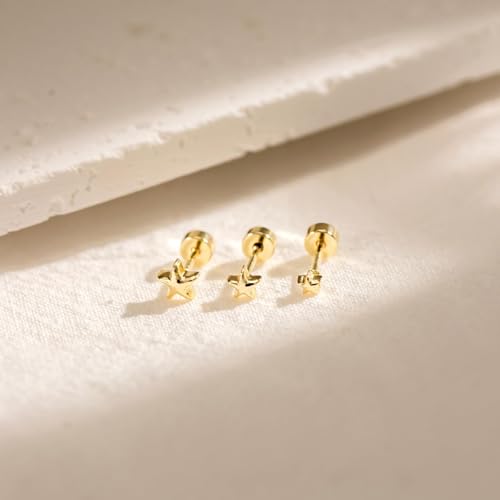 3 Pair Tiny Flat Back Earrings for Women - 14K Gold/White Gold Plated Dainty Cute Small Screw Flatback Stud Earring, Everyday Wear Gift - color: Star Flat-4/5/6mm Gold