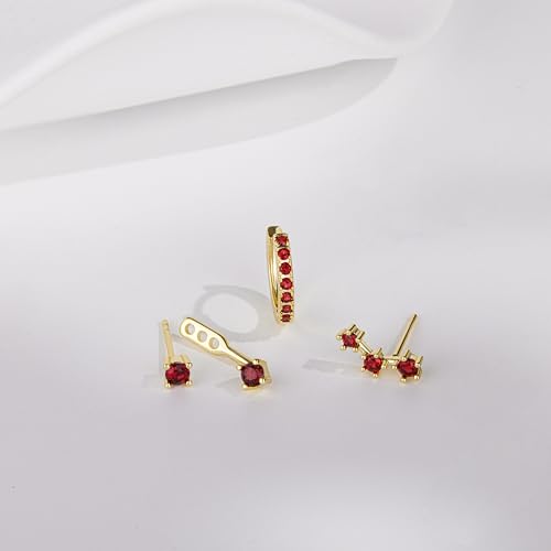 3 Pairs Dainty Small 4th of July Earrings for Women Trendy, Birthstone Stud Huggie Hoop Jacket Stack for Cartilage Helix, Gold Plated Hypoallergenic Cute Women Fashion Accessories Western Jewelry Gifts - color: 01Red Created Garnet-Jan (Gold)