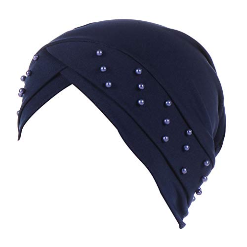 Women Beaded Silky Beanie, Pre-Tied Turban Head Wrap Cap for Chemo Chemical Cancer Hair Loss Cover Hat - color: Navy