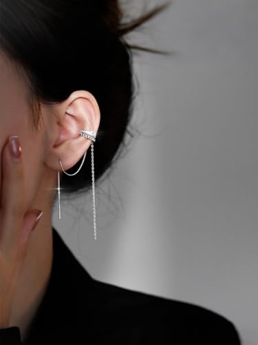 Silver Chain Earrings for Women Dainty Tassel Chain Hoop Earrings Layered Non Piercing Fake Earring Y2K Drop Dangle Cuff Earring Crystal Huggie Clip Hoops Gift for Her - style: Style2