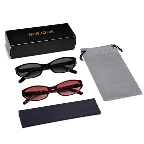 Retro Oval Sunglasses for Women Men Y2k Narrow Cat Eye Sunnies Skinny Shades AR82299 - color: B01 Black/Grey+burgundy/Red Grading