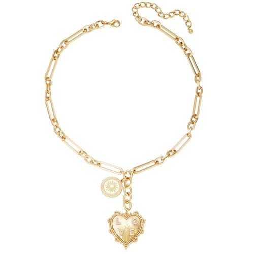 Gold Love Heart Sun Charm Chunky Paperclip Chain for Women Trendy 18K Gold Plated Coin Sunflower Pendant Choker Necklace Hip Hop Jewelry Gifts for Her - style: LOVE HEART, COIN SUN