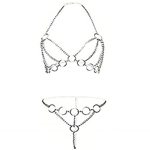 ADESUGATA Sexy Woman Tassel Body Harness Chain Cross Enticing Tassel Body Link Harness Metal Chain Sexy Lingerie Set - color: Silver