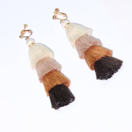 Clip on Earrings, Lightweight Colorful Layered Tassel Bohemian Statement Tiered Big Dangle Drop Earrings for Women, Non Pierced, Boho Jewelry - color: Brown