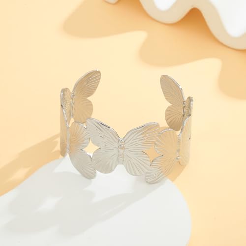 WOWORAMA Chunky Gold Cuff Bracelets for Women Vintage Gold Flower Butterfly Bracelet Trendy Boho Wide Open Cuff Bangles Matte Statement Bracelet - color: Silver Butterfly